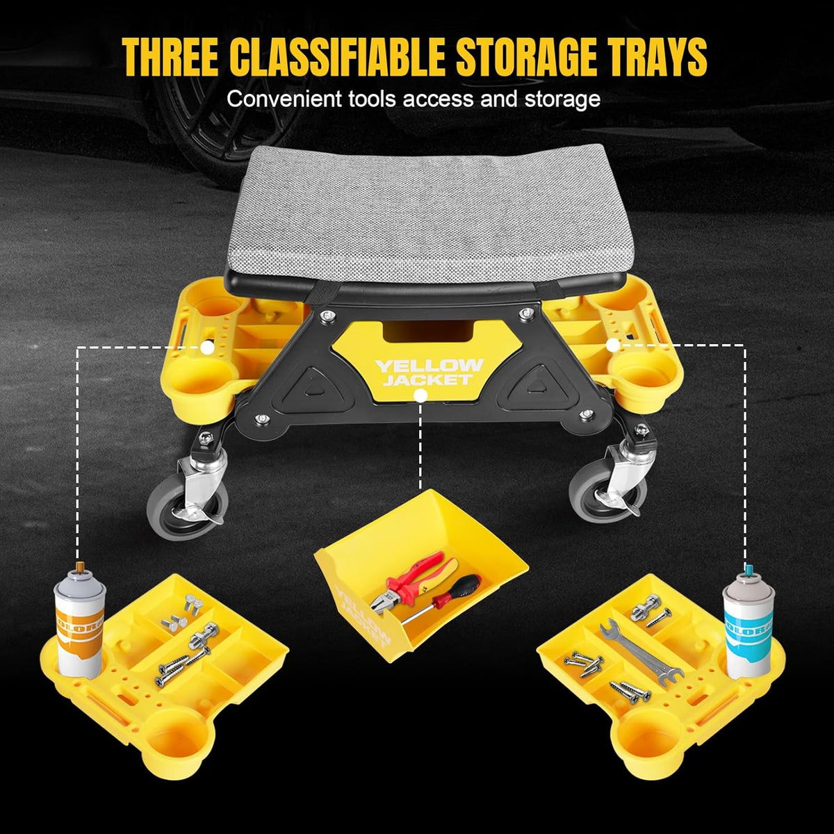 YELLOW JACKET Mechanic Stool with Wheels Rolling Stool Chair 300 lbs Capacity,Garage Mechanics Seat with Two Tool Tray and A Drawer Workshop Creeper Seat for Auto Repair Work