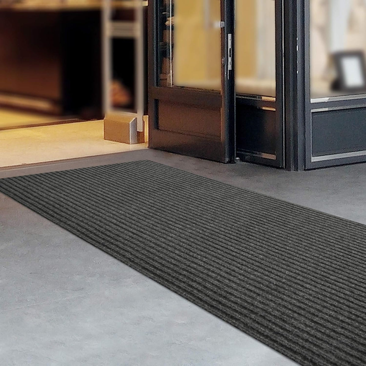 iCustomRug Spartan Weather Warrior Indoor/Outdoor Utility Ribbed Carpet Runner with Non-Slip Thermoplastic Rubber Backing, 6ft X 6ft in Charcoal