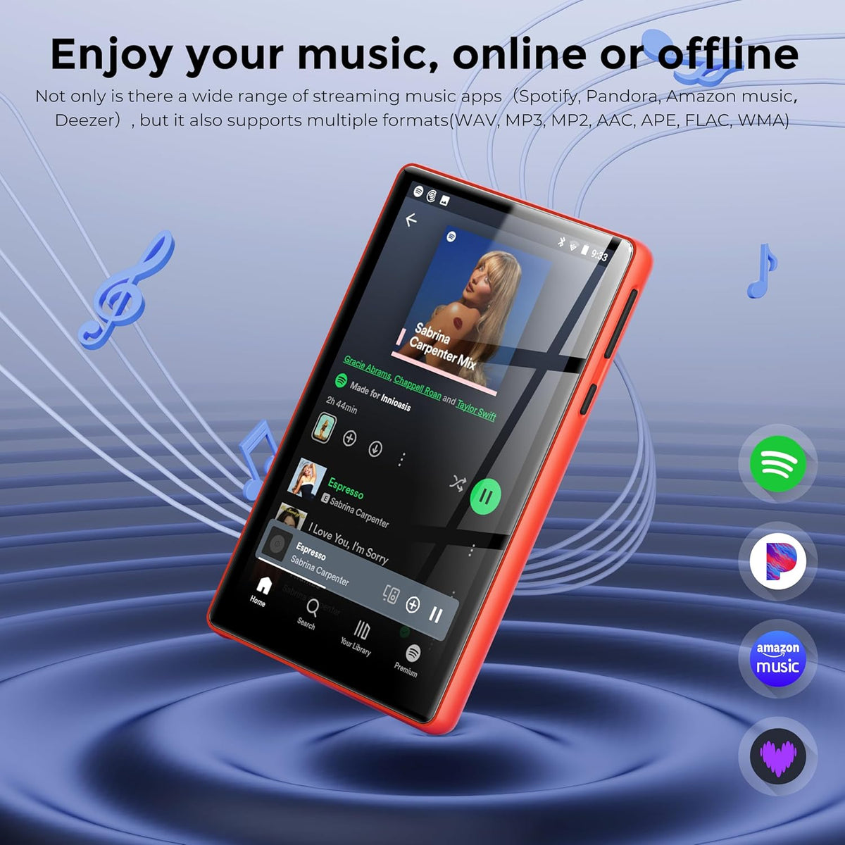 128GB MP3 Player with Bluetooth and WiFi，Music Video Player with Spotify Pandora,Amazon Music, 5" Touch Screen Android MP4 MP3 Player for Kids with Audible, YouTube, Spotify Kids,up to 256GB (Red)
