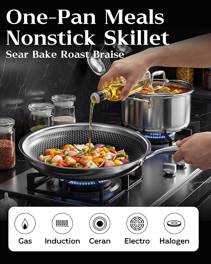Nonstick Frying Pan with Lid 10-Inch, Durable Stainless Steel Skillet, Induction Cooktop Compatible, PFOA-Free Scratch-Proof, Dishwasher & Oven Safe, Stay-Cool Handle, Silver Kitchen Cookware
