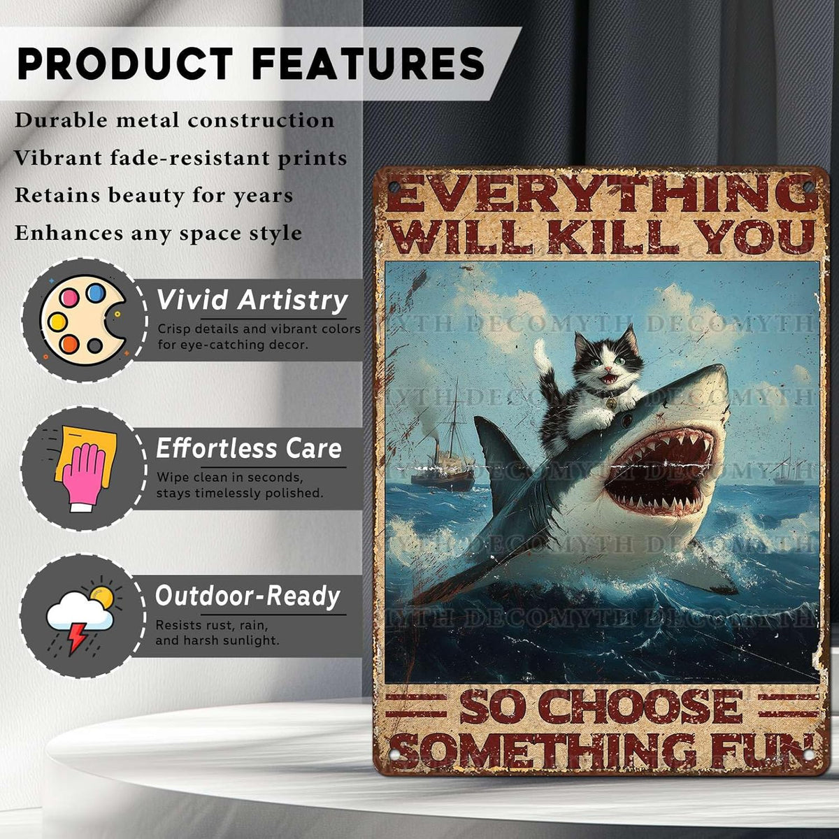Vintage Cat Tin Sign Everything Will Kill You So Choose Something Fun Retro Shark Metal Poster Funny Cat Lovers Wall Art Decorations for Home Shop Bar Hotel Indoor Outdoor 12 * 16inch