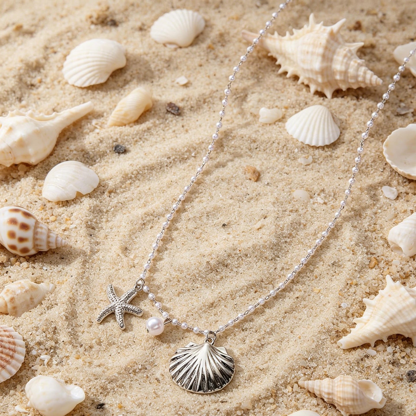Shell Starfish Necklace for Women Gold Plated Pendant Pearl Necklace Boho Beaded Dainty Adjustable Necklaces Shell Conch Summer Beach Cuff Jewelry Accessories