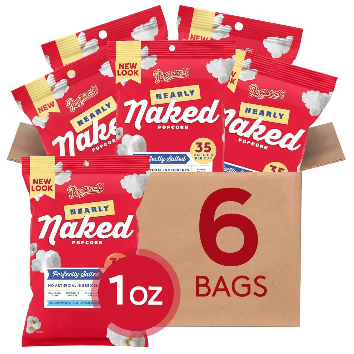 Popcornopolis Perfectly Salted Nearly Naked 6 ct, 1 oz Case, Salt Flavored Better-For-You Popcorn