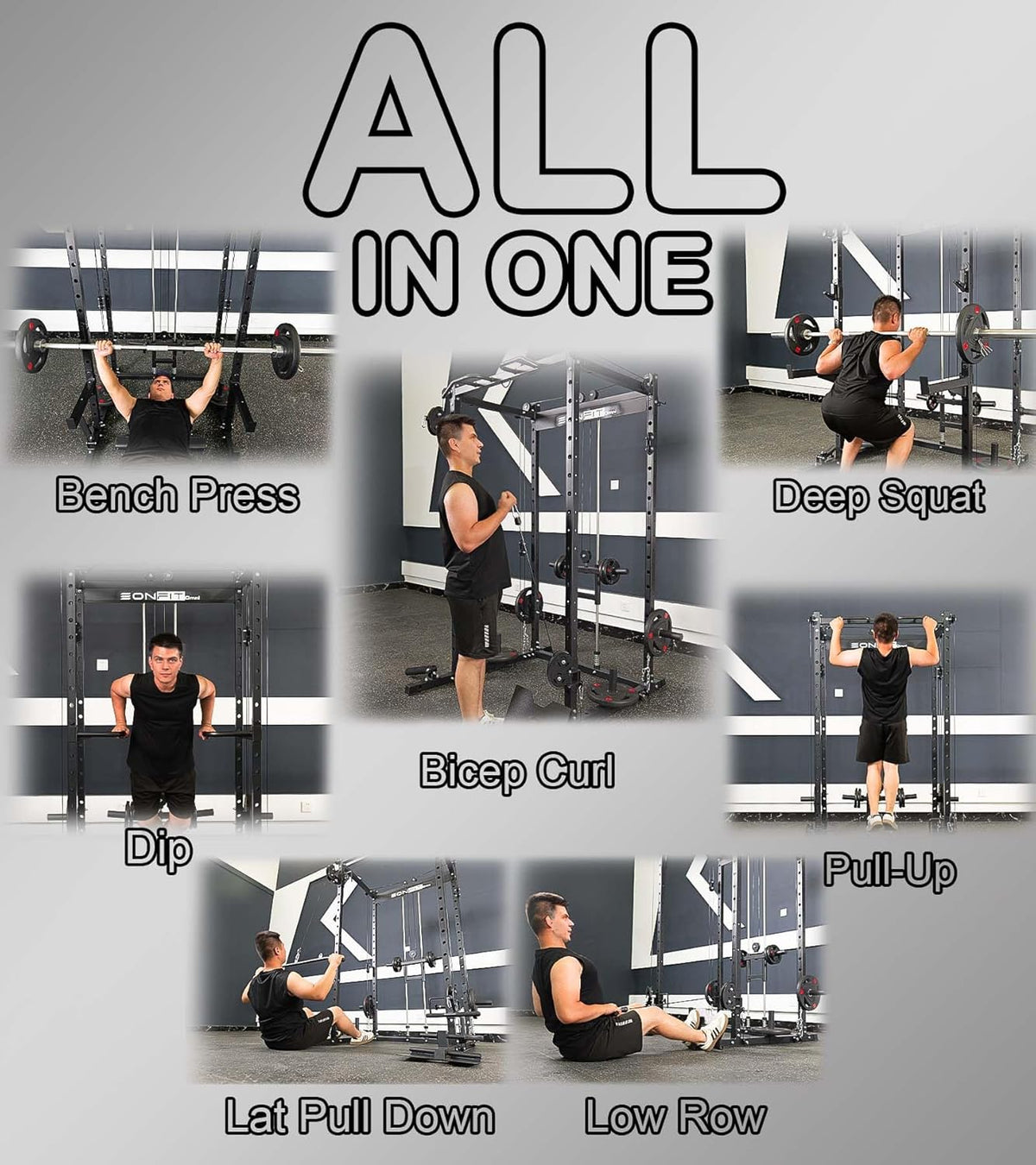 Eonfit E5 Smith Machine with Vertical Leg Press, Power Cage Squat Rack with LAT-Pull Down Cable Crossover Rotating Arms System Home Gym Equipment All in One (E5 RED)