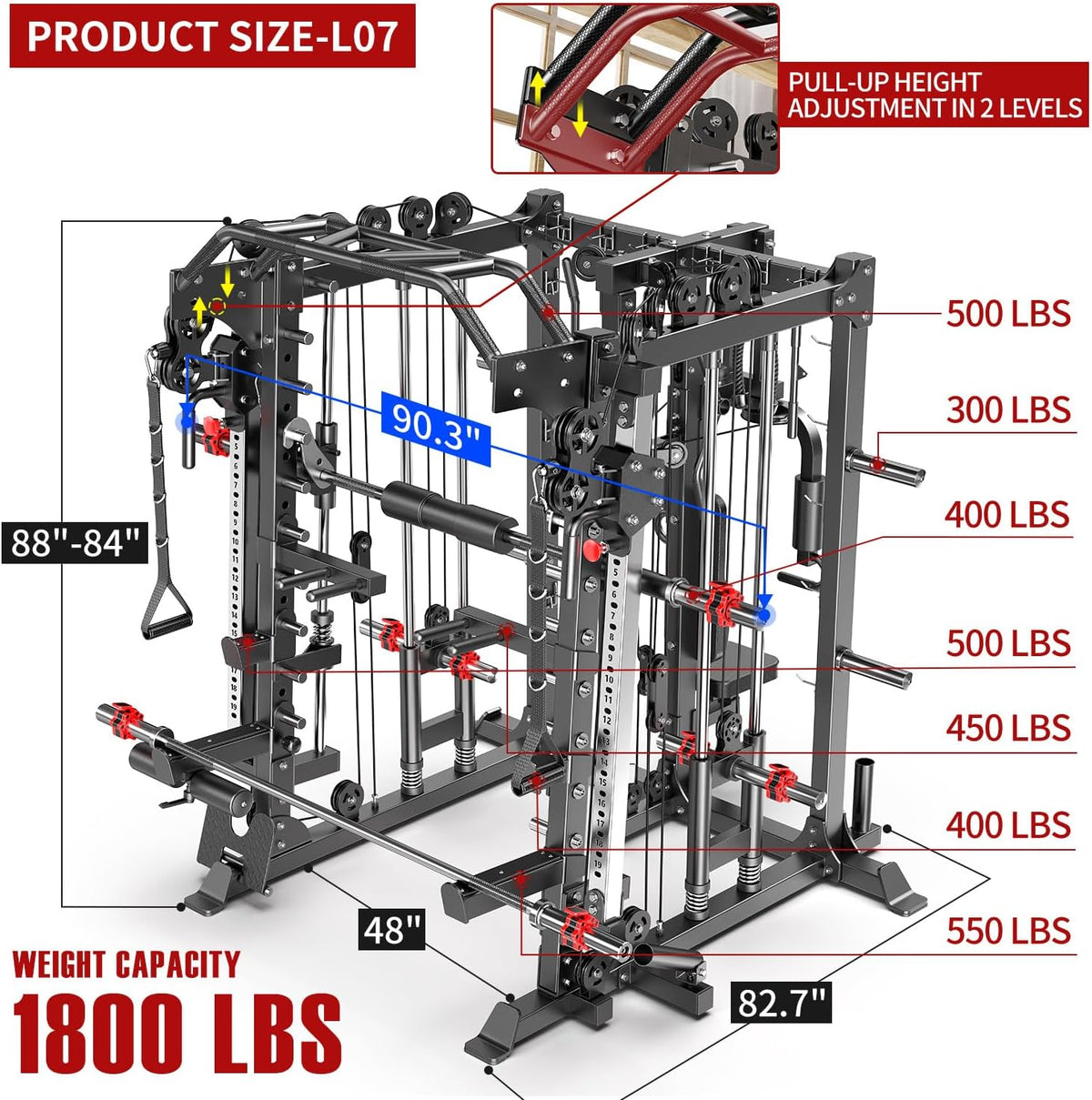 Smith Machine Power Rack Multifunctional Power Cage Deep Squat Rack Cable Crossover System Selectable More Training Attachment for Garage & Home Gym