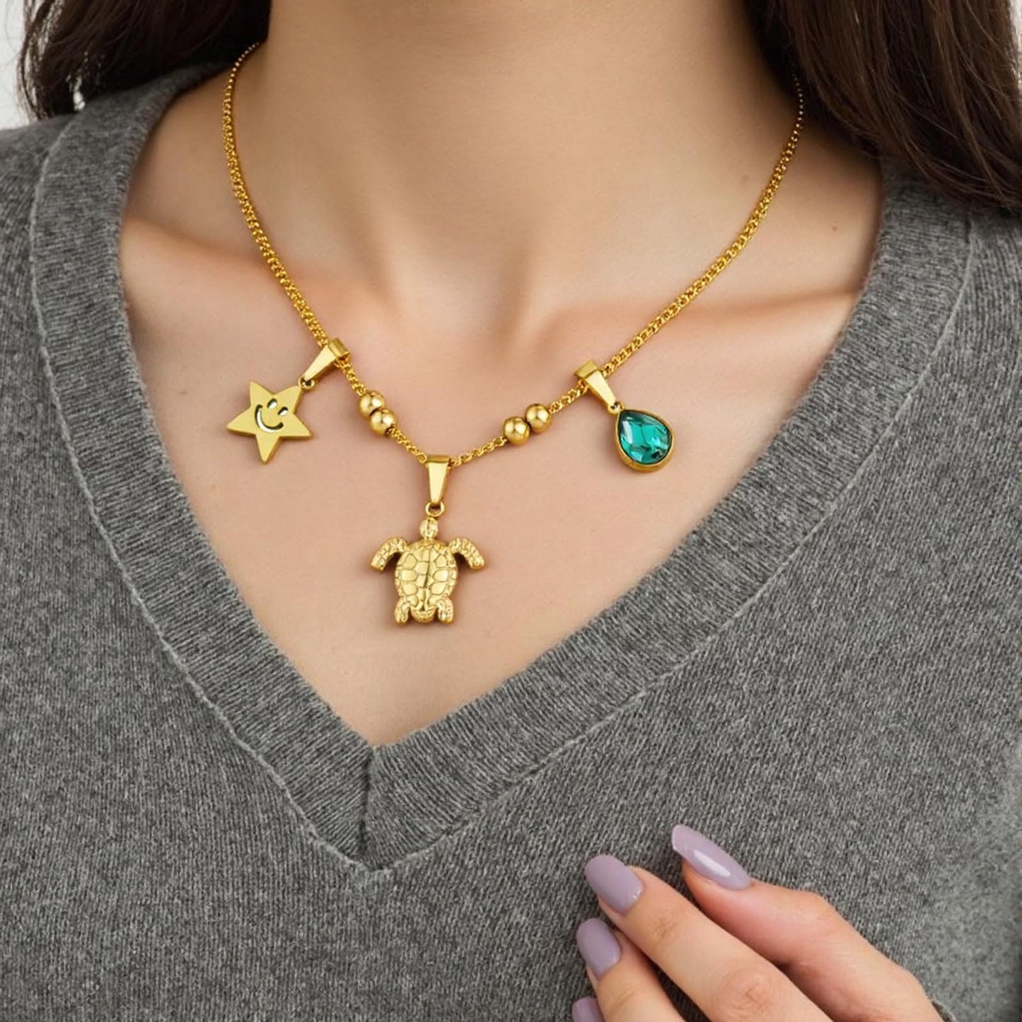 LCTrusttmor Gahna Sea Turtle Necklaces for Women, 18K Gold Plated Slime Star Charm with Adjustable Chain Link for Women, Summer Beach Jewelry Gifts