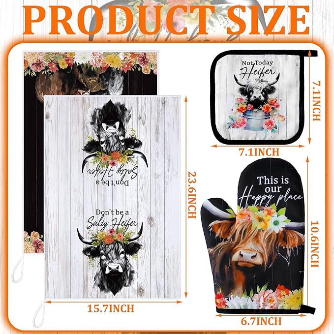 Bencailor 6 Pcs Cattle Kitchen Towels Oven Mitts and Pot Holders Set Decorative Dish Towels Tea Washcloth Non Slip Heat Resistant Oven Gloves for Summer Home Cooking Baking, Retro Color