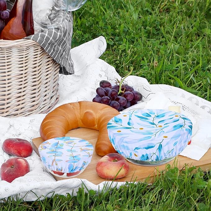 5 Pieces Bowl Covers Reusable, 5 Size Elastic Cloth Bowl Covers for Bread Proofing, Food Covers Washable for Food Fruits Leftover (Eucalyptus Leaves)