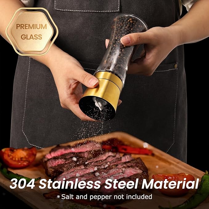 VEVOK CHEF Gold Salt and Pepper Grinder Mill Set Stainless Steel Pepper Shaker Adjustable Ceramic Coarseness Salt Grinder Black Pepper Spice Grinder Mill