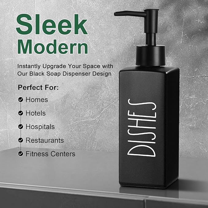 Hand and Dish Soap Dispenser Set, Matte Black Dish Dispenser Bottle for Kitchen, Glass Kitchen Soap Dispenser Set with Pump, Refillable Liquid Soap Bottle, Farmhouse Kitchen Decor, 12.3fl oz