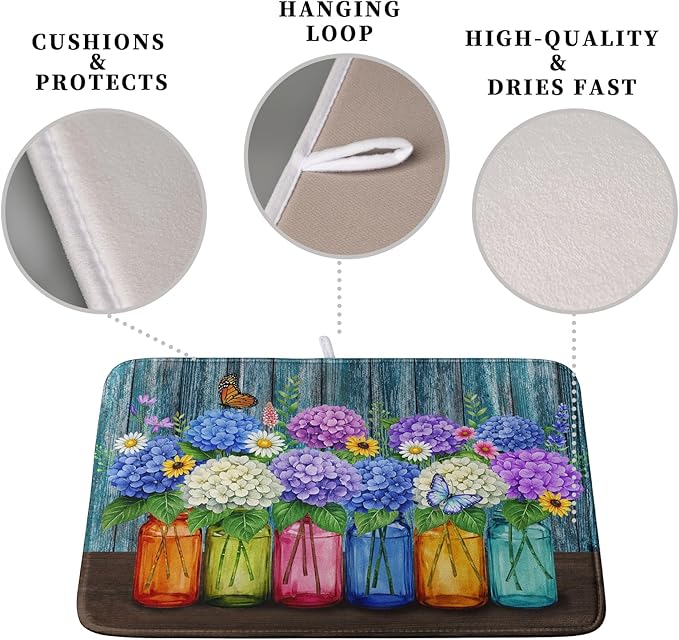 Hydrangea Dish Drying Mat Spring Summer Floral Jars Kitchen Drying Mats for Countertops Vintage Flower Vases Dish Draining Mat Microfiber Absorbent Dish Rack Pad 18x24 Inch