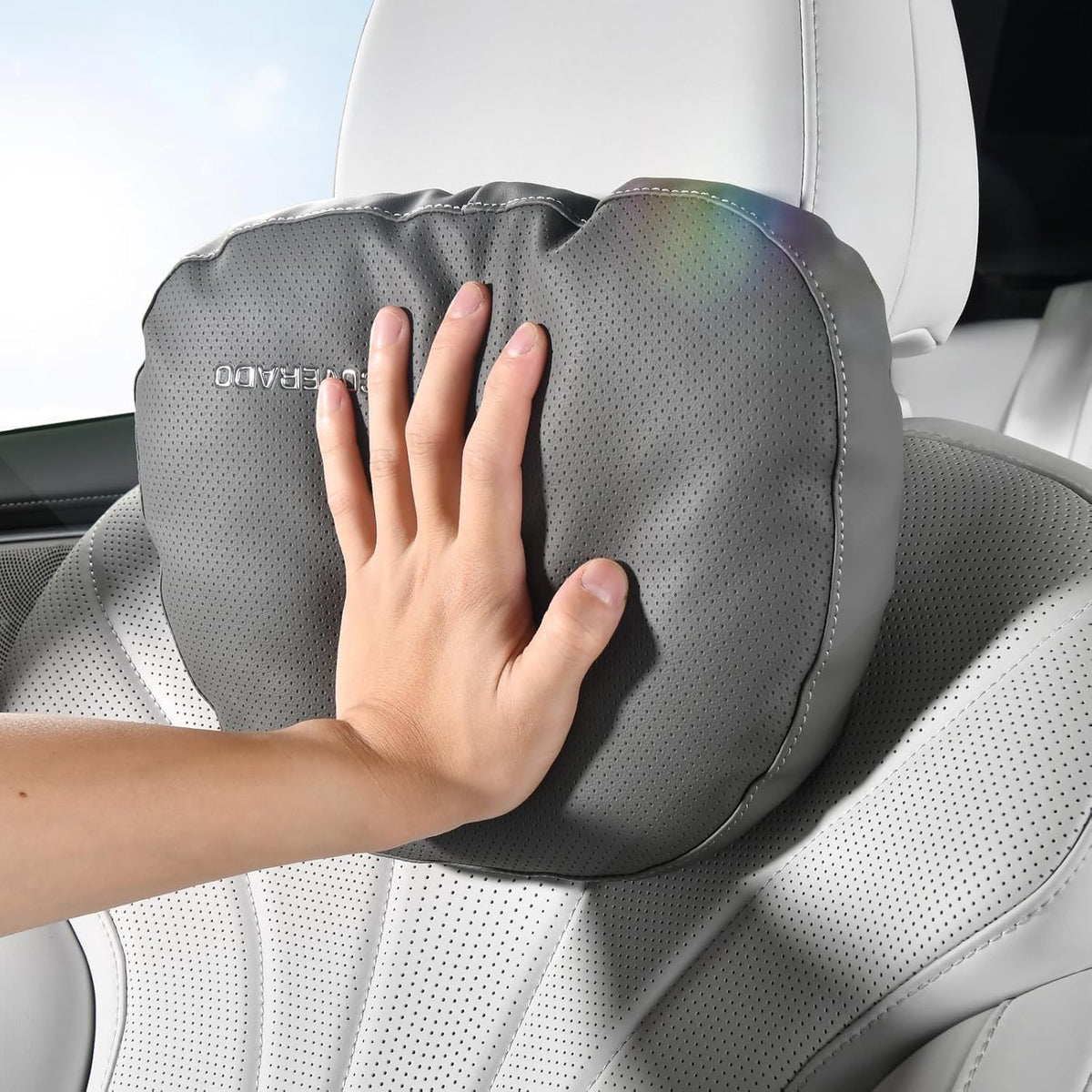 Coverado Leather Car Headrest Pillow Car Neck Pillow with Adjustable Strap, Head Support Rest Driver Relax Head Muscles Relieve Driving Fatigue, Breathable & Removable Cover, Gray