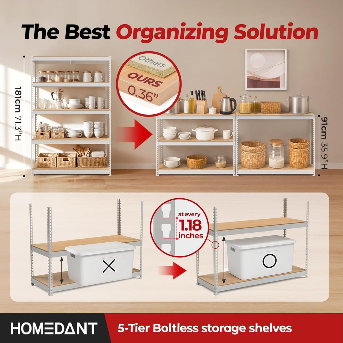 HOMEDANT White 5 Tier Laminated Boltless Heavy Duty Garage Storage Adjustable Wide Size Metal Shelving Unit Utility Rack Shelves Organization Shelf Shed Warehouse 47.7" W x 24.1" D x 71.3" H 2Pack