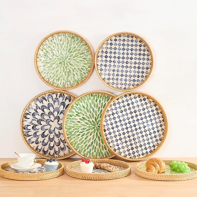 Round Rattan Tray with Mother of Pearl Inlay, Rattan Serving Tray with Wooden Base, Decorative Wicker Basket for Table Decor, Storage and Display of Coffee Bread Food Fruit (Checkerboard 11.8")