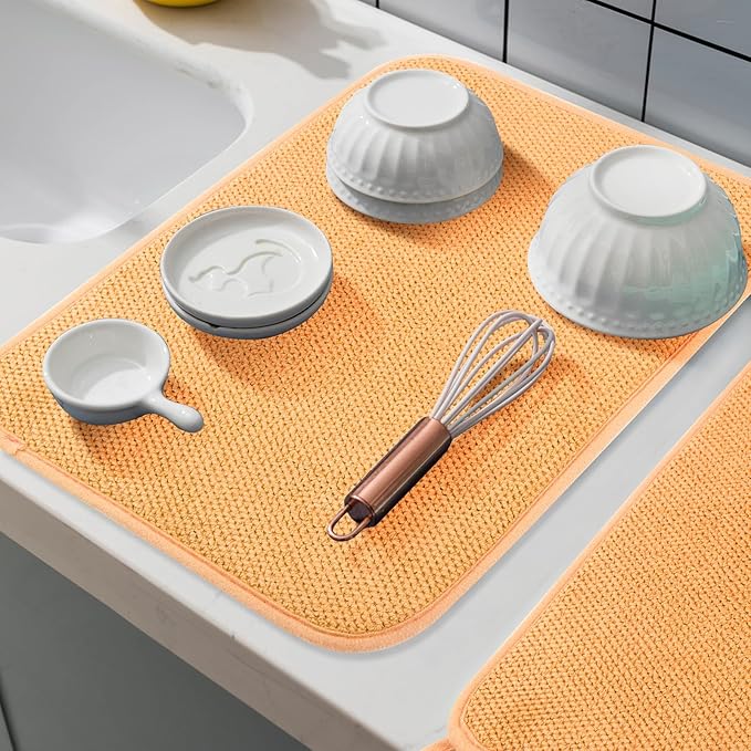 GeeRic Microfiber Dish Drying Mat, Super Absorbent Kitchen Dish Drying Pad for Mother's Day, Reversible Gift Mats for Countertop, 12*16 inch Yellow-Orange