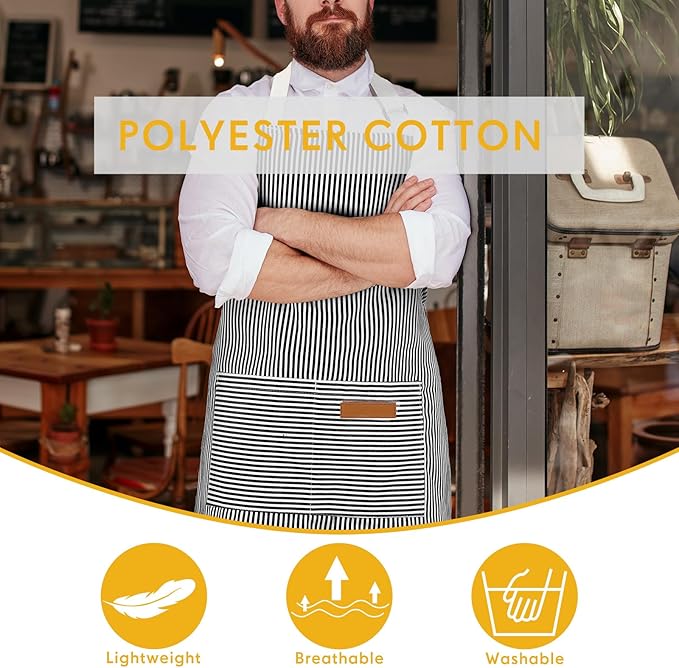 Handepo 4 Pcs Kitchen Aprons with Pockets Adjustable Waterproof Cotton Aprons Striped Apron for Women Men Chef Mother Gift