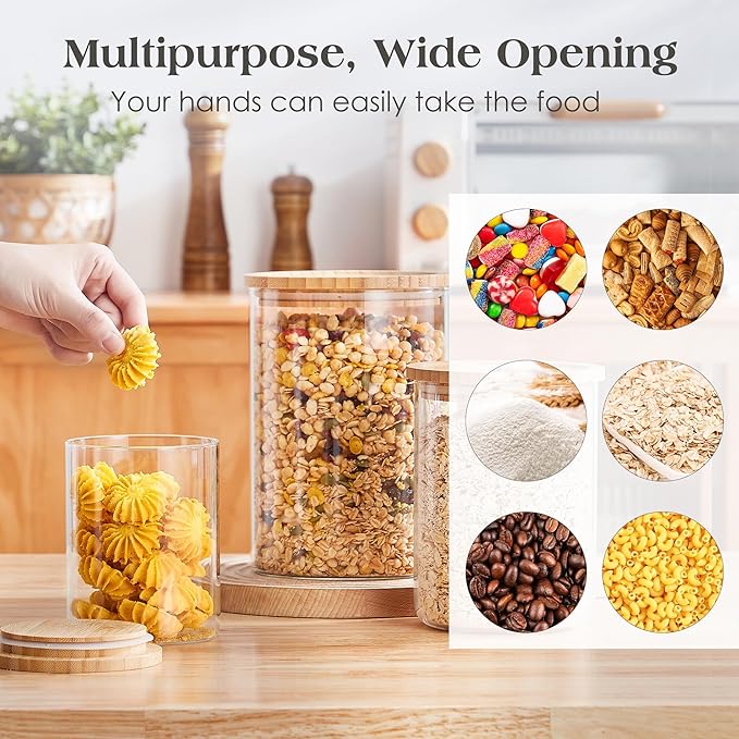 Glass Storage Containers with Wooden Lids, Airtight Jar for Kitchen Countertop Set of 3, Pantry Flour and Sugar Canisters for Candy, Cookie, Rice, Coffee Beans, Snacks, Spices