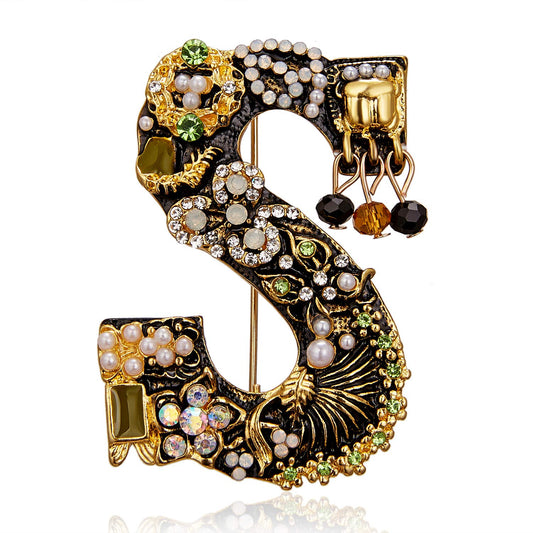 RINHOO Crystal Pearl Initial Brooch Gold Plated Enamel Colorful Letter Alphabet Breastpin Pin Jewelry for GIFTS (Letter -S)