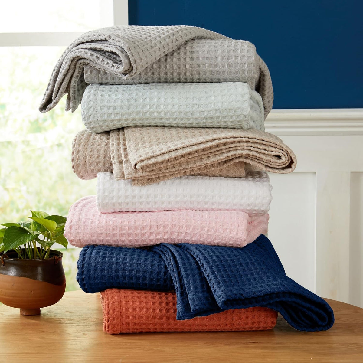 100% Cotton Waffle Weave Bed Blanket | Soft, Breathable, and Lightweight Blanket for All-Season | Perfect for Layering | Brielle Collection (Full/Queen, Burnt Orange)