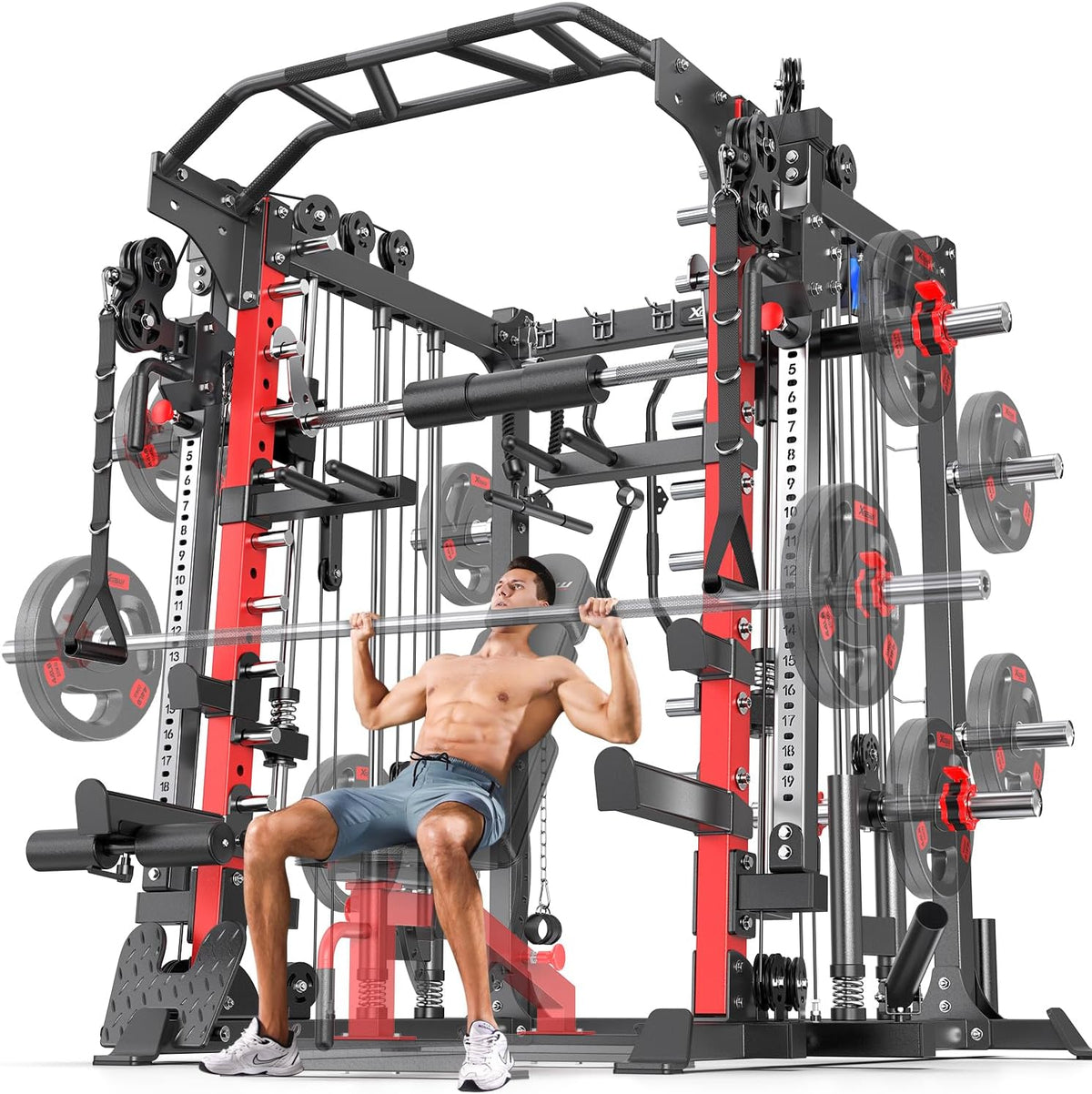 Smith Machine Power Rack Multifunctional Power Cage Deep Squat Rack Cable Crossover System Selectable More Training Attachment for Garage & Home Gym