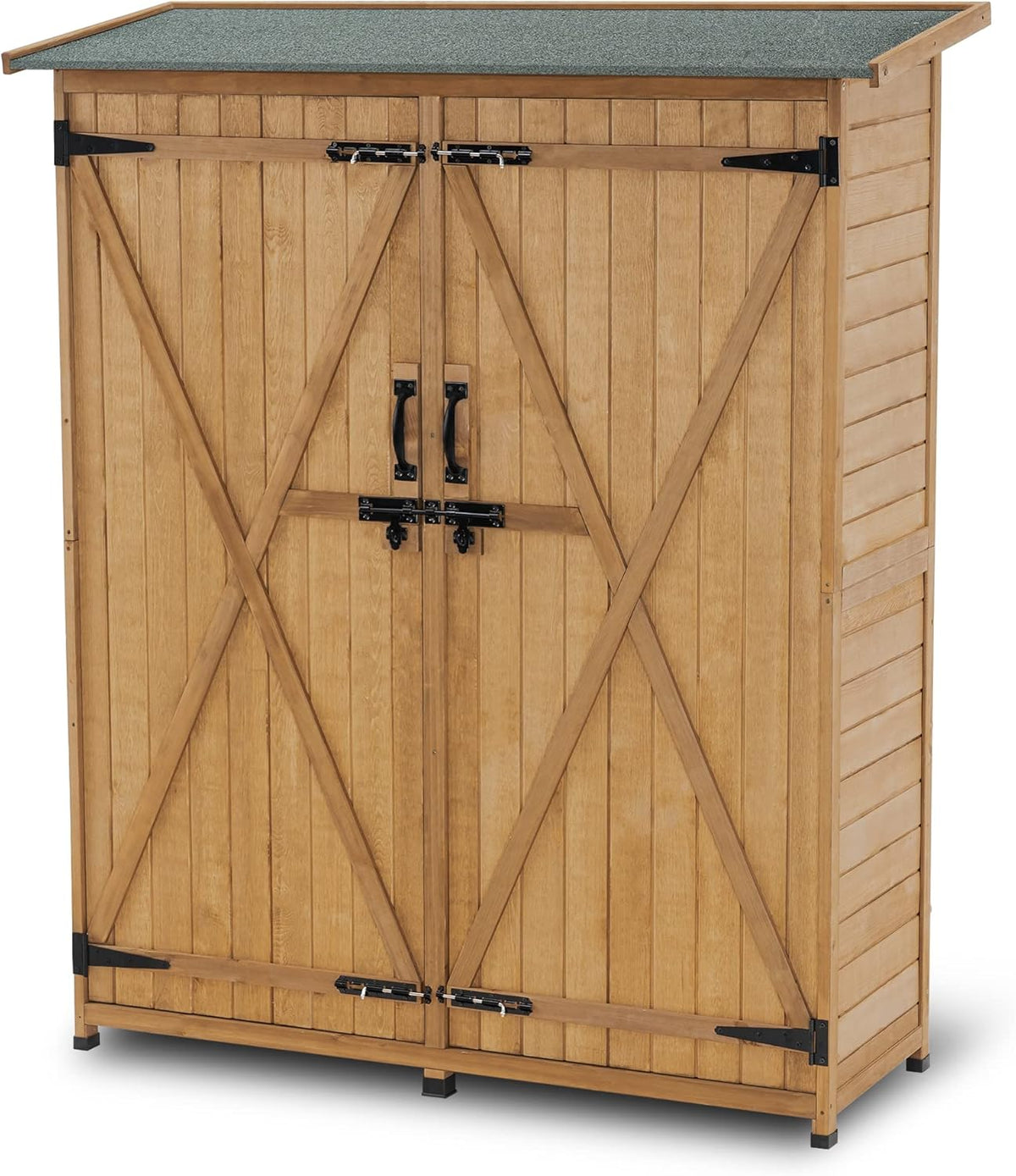 MCombo Outdoor Storage Cabinet with Shelves, Wood Garden Shed with Floor, Outside Tool Shed with 2 Lockable Doors for Yard Patio Lawn, 1400 (Natural)