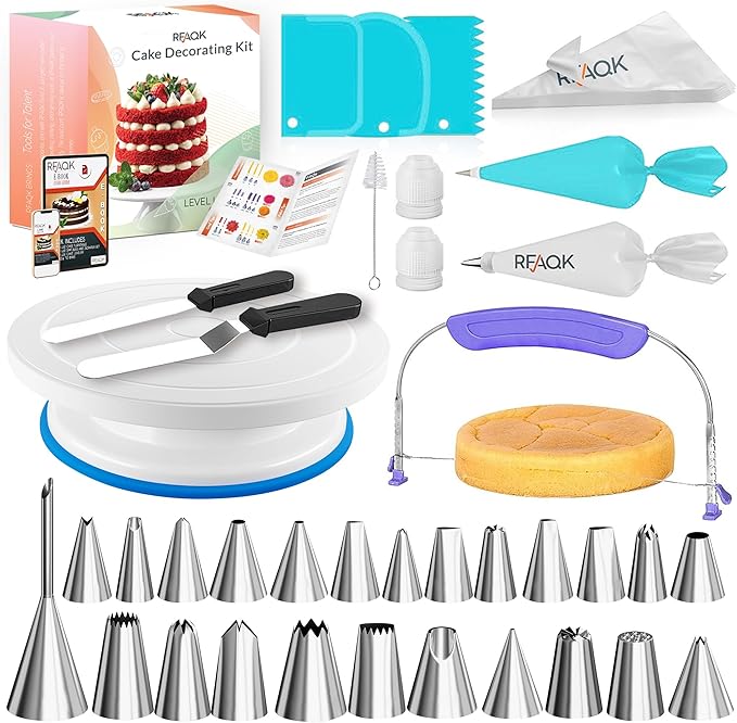 RFAQK 90PCs Cake Decorating Kit with Leveler, Baking Supplies Gift Includes Cake Stand Turntable, 24 Numbered Icing Tips, 55+1 Piping Bags, 2 Frosting Spatulas, 3 Scrappers, Video Course & Booklet