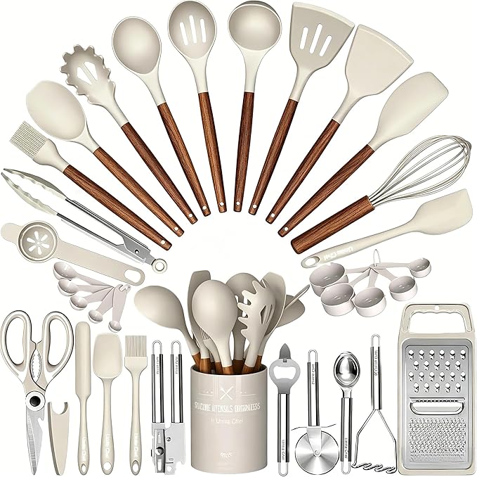 Thickened Silicone Cooking Utensils Set with Natural Wooden Handle- Umite Chef Khaki Kitchen Utensils Set, 34PCS Heat Resistant Kitchen Gadgets Tools Set, Kitchen Spatula Set for Nonstick Cookware