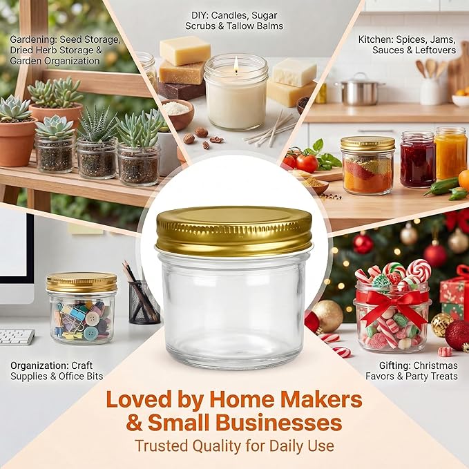 QAPPDA 4oz Glass Jars With Lids,Small Mason Jars Wide Mouth,Mini Canning Jars With Gold Lids For Honey,Jam,Jelly,Wedding Favor,Shower Favors,Spice Jars For Kitchen Storage & Home,Set of 40