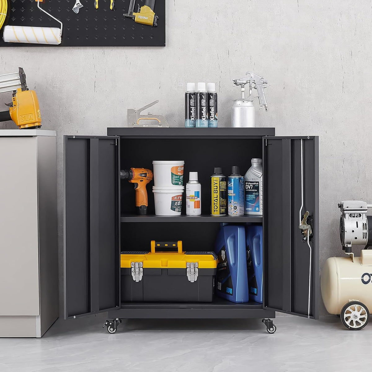 LUCYPAL Metal Storage Cabinet with Locking Doors and Wheels,Garage Storage Cabinets with 1 Adjustable Shelf for Home Office,Steel Counter Cabinet for Office,Garage,Kitchen,Black