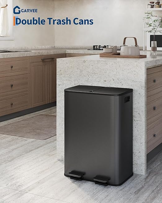 GarveeHome 2 x 8 gal Stainless Steel Double Trash Can with Lid for Kitchen, Large Dual Trash and Recycle Bin Combo, Step-on Kitchen Metal Garbage Cans, PP Inner Buckets, Liner Rim, Matte Black