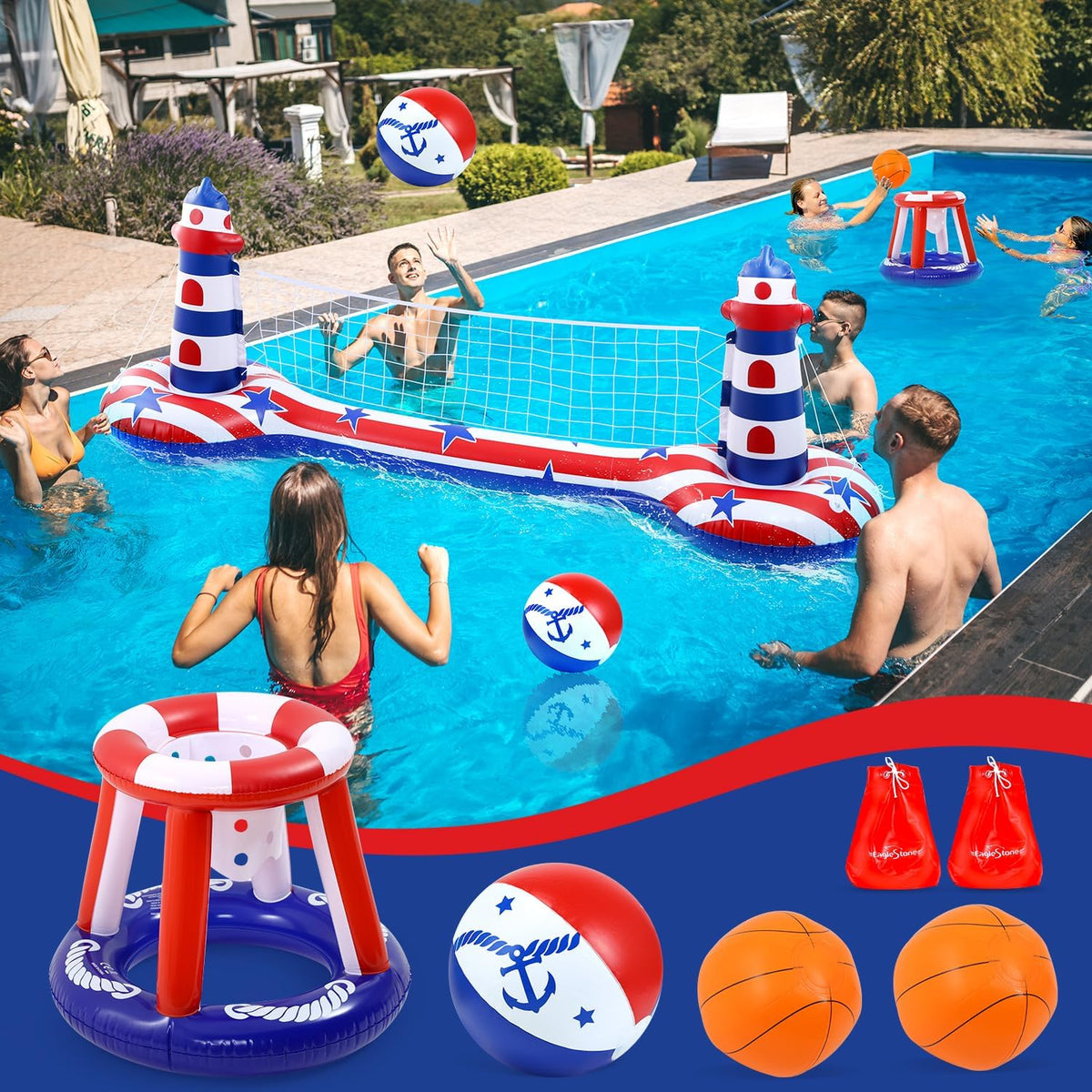 EagleStone Inflatable Pool Float Set with Volleyball Net & Basketball Hoop,2-in-1 Floating Water Games for Kids Adults, Backyard Beach Summer Toys, Heavy-Duty PVC Family Pool Party Essentials
