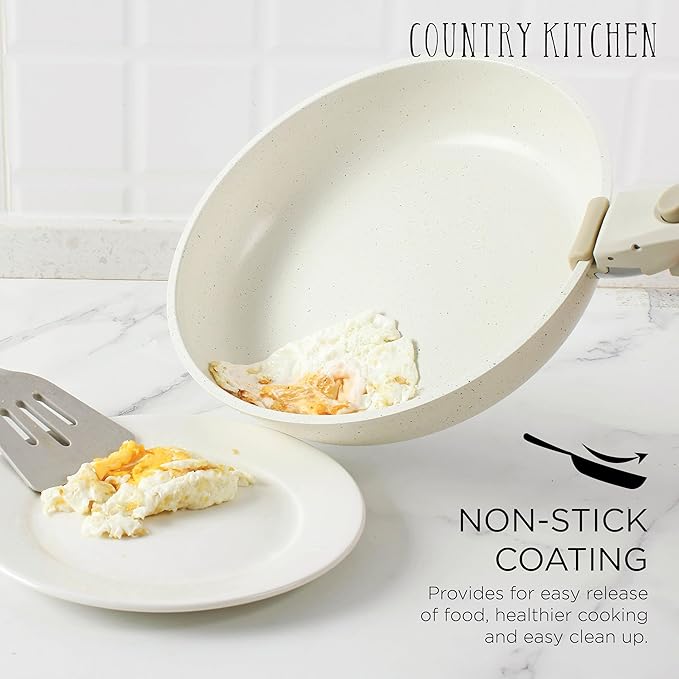 Country Kitchen Cookware Set with Removable Handle, Oven & RV Safe Pots and Pans Set, Cream, Deluxe Larger Set