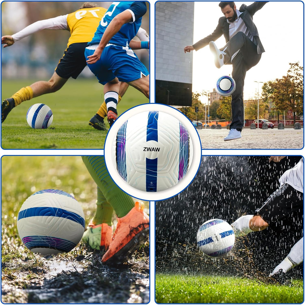 Official Match Soccer Ball Size 5 – Waterproof PU Leather, Includes Pump & Needles, Mesh Storage Bag for Easy Carry