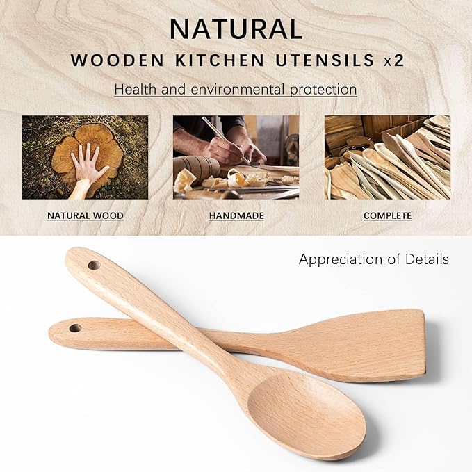 2pcs Wooden Spatula Spoon for Cooking, Thicker 12inch Coated Beech Wood Turners for Frying, Non-Scratch Flat Spurtle for Pan & Wok, Cooking Utensils for Non Stick Cookware, Long Handle Scraper
