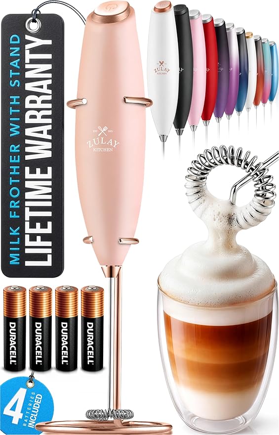 Zulay Kitchen Powerful Milk Frother Wand With 4 AA Duracell Batteries - Ultra Fast Handheld Drink Mixer - Electric Whisk Foam Maker for Coffee, Lattes, Cappuccino, Matcha & Creamer - Rose Peach