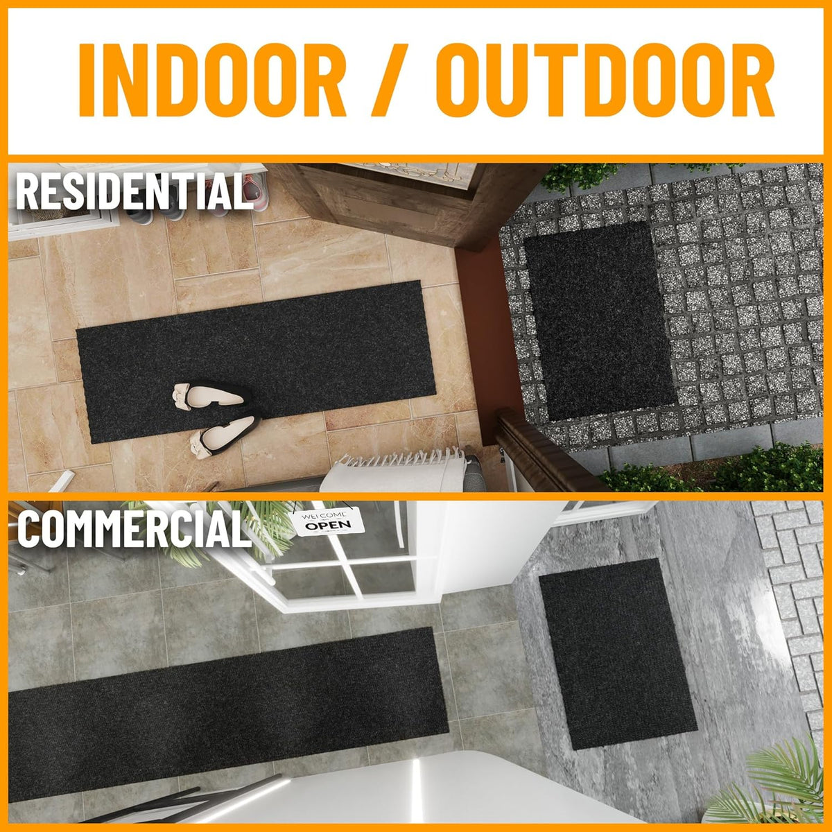Ottomanson 2' x 23' Hallway Runner with Scraper Pile Extra Durable Non-Slip Rug Mat for Indoor & Outdoor Use - Ideal for Kitchen, Entryway, Patio & Garage - High-Traffic Carpet, Black