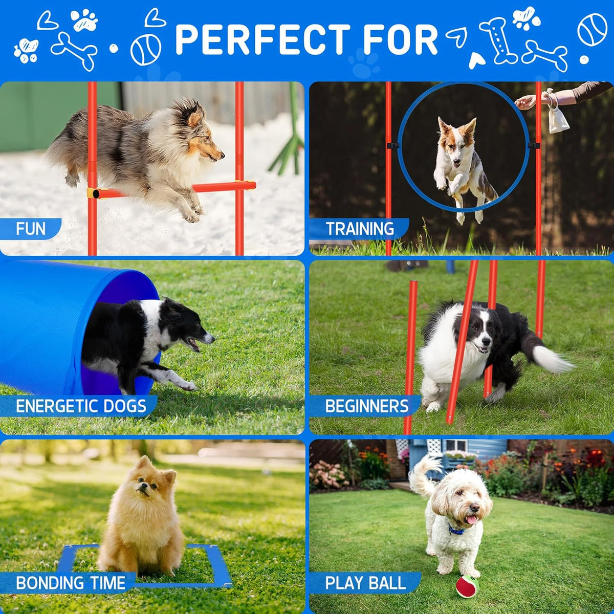 Polar Aurora Dog Agility Equipment, Dog Obstacle Courses Backyard - Pet Outdoor Games w/Adjustable High Jump, Agility Weave Poles, Tunnel, Jumping Ring, Pause Box, 2 Balls,Whistle and Carrying Bag