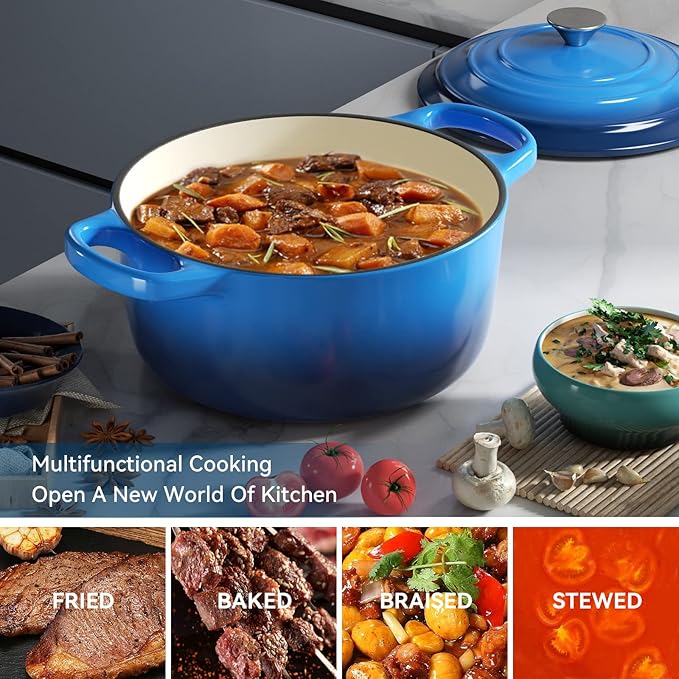 Miereirl 6 Quart Enameled Dutch Oven Pot with Lid, Cast Iron Dutch Oven with Dual Handles for Bread Baking, Cooking, Non-stick Enamel Coated Cookware (Dark Blue)