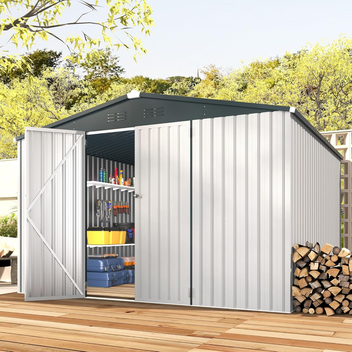 AECOJOY Shed 12' x 10' Storage Shed Large, Sheds & Outdoor Storage Clearance 10x12 Sheds with Lockable Doors, Utility and Tool Storage Shed for Garden, Backyard, Patio, Outside use in White