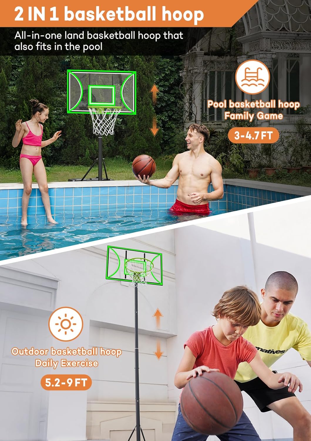 Aimking Basketball Hoop Outdoor 3.3-10FT 5s-Rapid-Adjustable, 40/44 inch Shatterproof Backboard & Enlarged Base, Portable Basketball Hoop & Goal for Kids/Adults/Families in Poolside/Backyard/Indoor