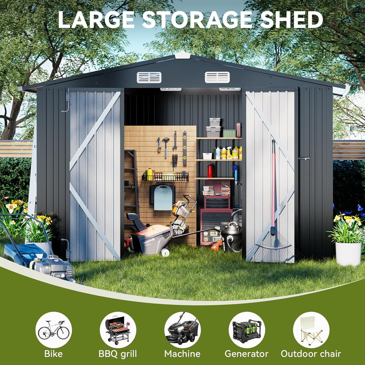 COMHOMA Shed Outdoor Storage Shed Metal,Lockable Doors Tool Sheds with Sloping Roof,Steel Garden Shed with Air Vent for Backyard,Patio,Lawn,Poolside (Grey, 10'*8'/Base)