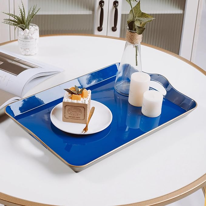 Spsyrine Large Blue Serving Tray with Handles, Plastic Decorative Tray for Coffee Table, Ottoman, Bathroom, Home Decor 17.3"*11.8"*2"