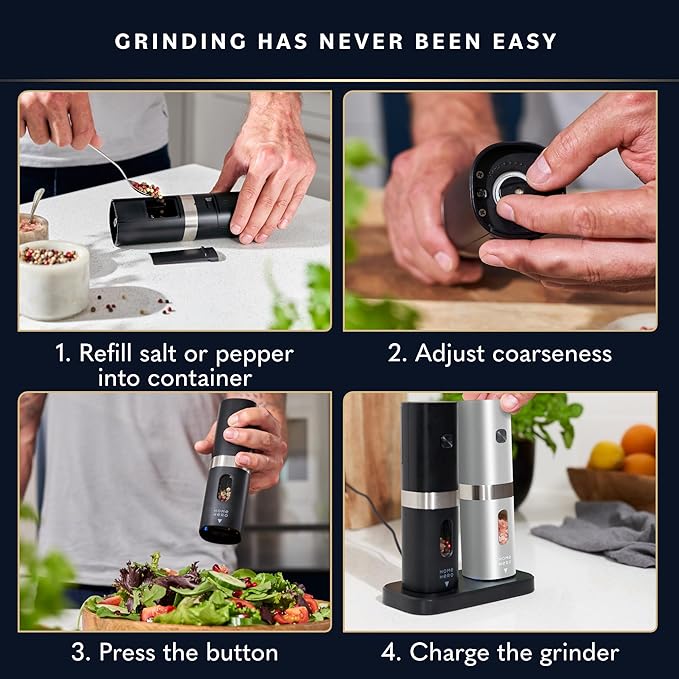 Home Hero Electric Salt and Pepper Grinder Set - Automatic Salt and Pepper Grinder Set Rechargeable. Electronic Salt and Pepper Shakers with LED Light, Electric Pepper & Salt Grinder, Set of 2