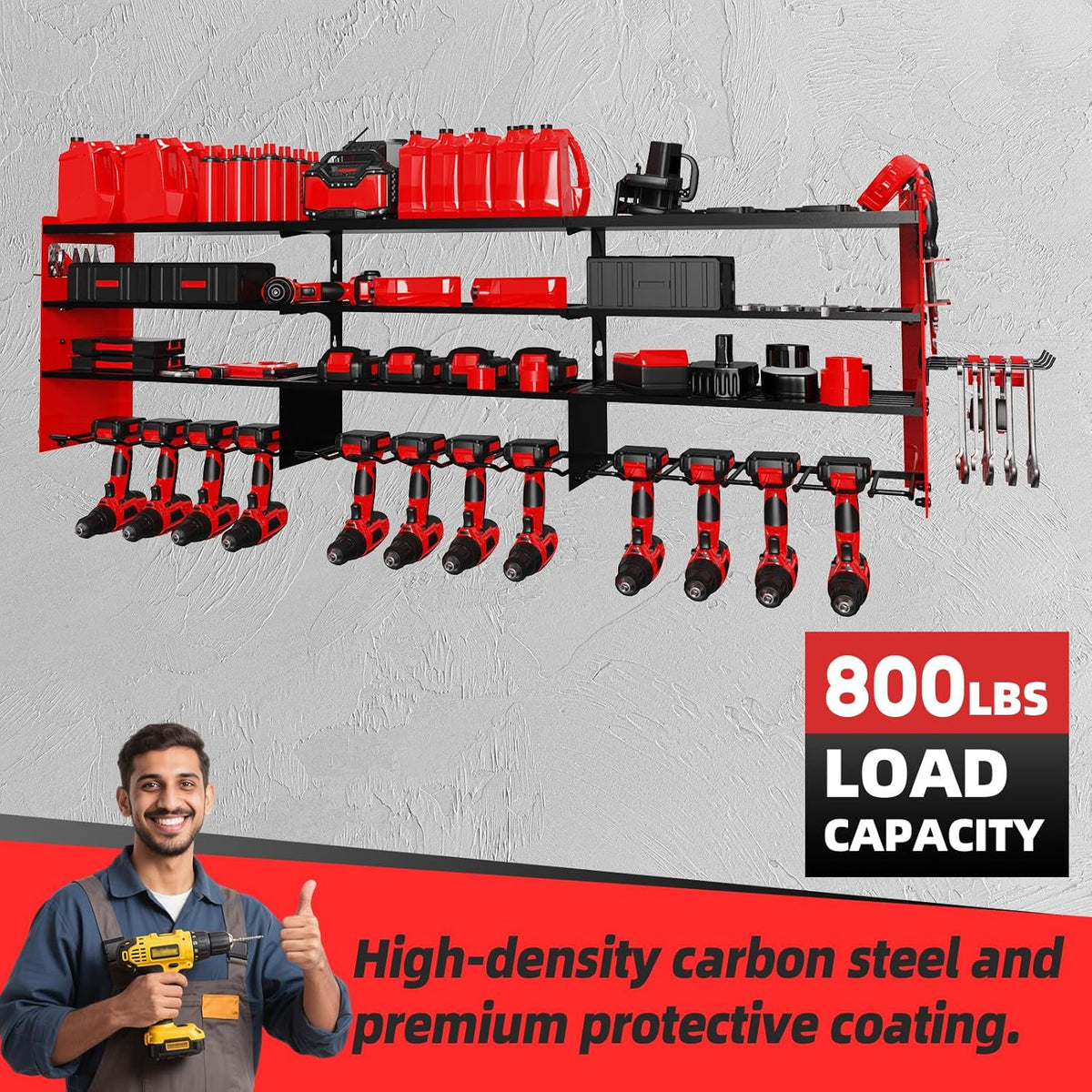 Power Tool Organizer Wall Mount with 12-Drill Holders-800Lbs Load Heavy Duty Metal 4-Layers Garage Storage and Organization Adjustable Battery Tools Rack Utility Racks Gifts for Men