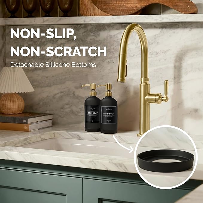 Vine Creations Black Glass Soap Dispenser, 2 Pack Kitchen Soap Dispenser Set with Stainless Steel Pump, 16 oz Dish Soap and Hand Soap Dispensers for Bathroom with Waterproof Labels