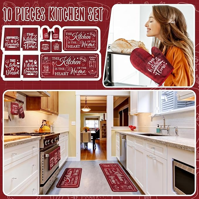 Fourluoo 10 Pcs Farmhouse Kitchen Decor and Accessories Set 4 Kitchen Towels 2 Pot Holders 2 Oven Mitts 2 Rugs for Cooking Baking Mom Housewarming Gifts(Red,Classic Style)