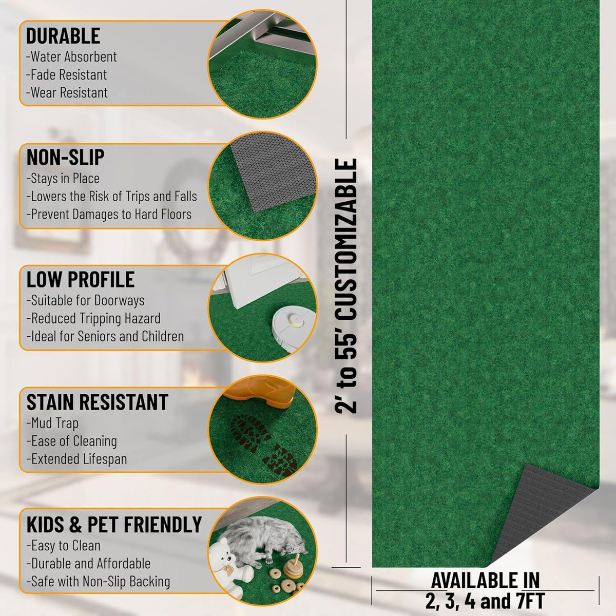 Ottomanson 2'7" x 28' Hallway Runner with Scraper Pile - Extra Durable Non-Slip Rug Mat for Indoor & Outdoor Use - Ideal for Kitchen, Entryway & Garage - High-Traffic Carpet, Green