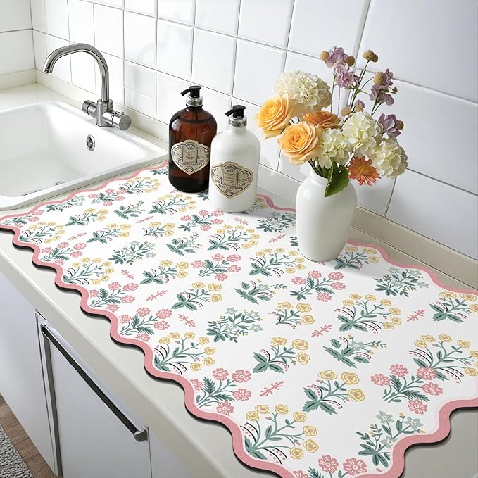 LOKHOM Scalloped Floral Dish Drying Mat, 17"x32" Super Absorbent Coffee Mat with Unique Pink Pastoral Floral, Cuttable Hide Stain Non-slip Drying Mat for Kitchen Counter Coffee Maker Espresso Machine
