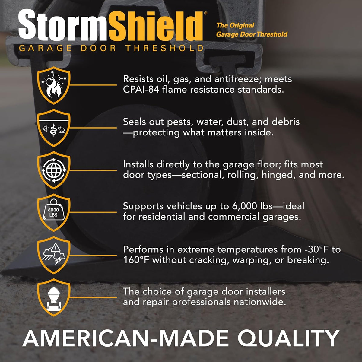 Storm Shield® 16’ Garage Door Seal Threshold Strip - Durable PVC Rubber Seal Strip - Flame Resistant, Weatherproofing Garage Door Installation - Epoxy Adhesive - Made in The USA
