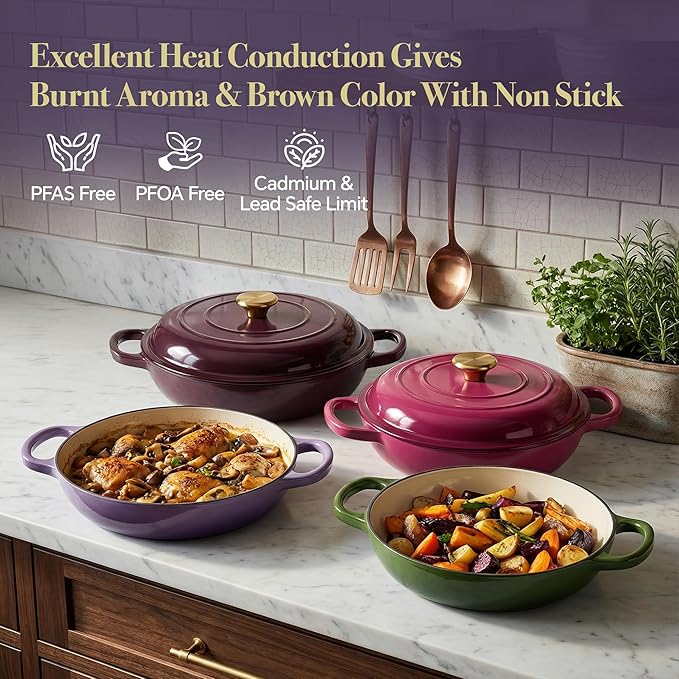 Vintage Style 3 Quart Enameled Cast Iron Braiser, Non Stick Enameled Cast Iron Skillet with Lid, Dutch Oven Skillet with lid up to 500°F for Oven, Stove, Grill, Shallow Dutch Oven for Cook, Bake (Purple)